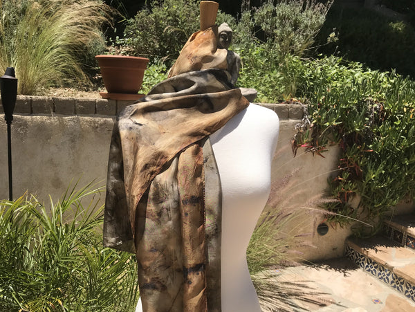 Eco-Dyed Silk Scarf (S-0001) - Brown, Rust, Black, Golds, Grays