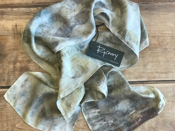 Eco-Dyed Silk Scarf (S-0005) - Brown, Blue, Rust, Black, Tan
