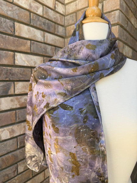 Eco-Dyed Silk Charmeuse Scarf (C-0002) - Purple, brown, gold, orange