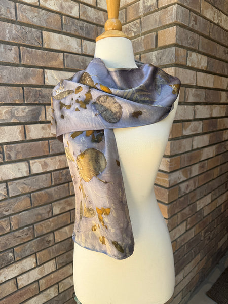 Eco-Dyed Silk Charmeuse Scarf (C-0001) - Purple, brown, rust, gold, orange