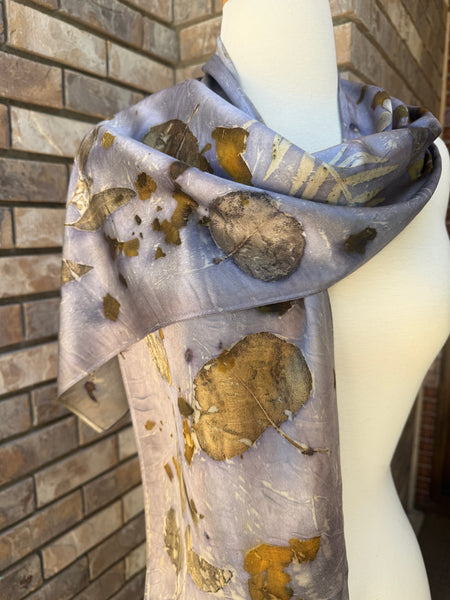Eco-Dyed Silk Charmeuse Scarf (C-0001) - Purple, brown, rust, gold, orange