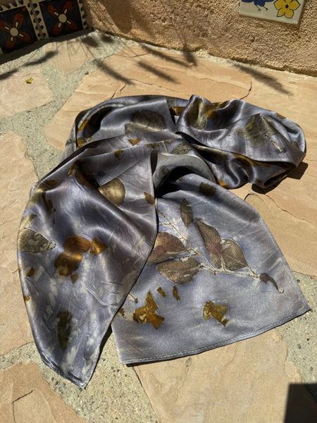 Eco-Dyed Silk Charmeuse Scarf (C-0001) - Purple, brown, rust, gold, orange