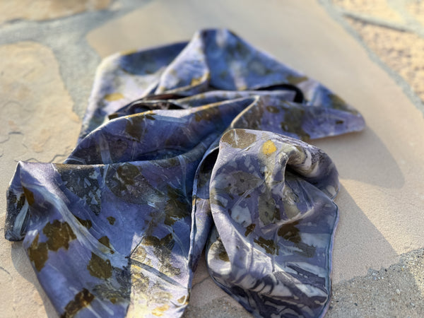 Eco-Dyed Silk Charmeuse Scarf (C-0002) - Purple, brown, gold, orange