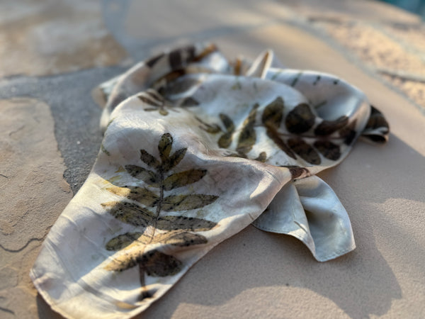 Eco-Dyed Silk Charmeuse Scarf (C-0005) - Cream, brown, gold, pink, green