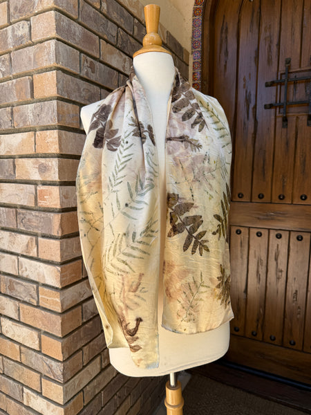Eco-Dyed Silk Charmeuse Scarf (C-0005) - Cream, brown, gold, pink, green