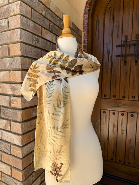 Eco-Dyed Silk Charmeuse Scarf (C-0005) - Cream, brown, gold, pink, green