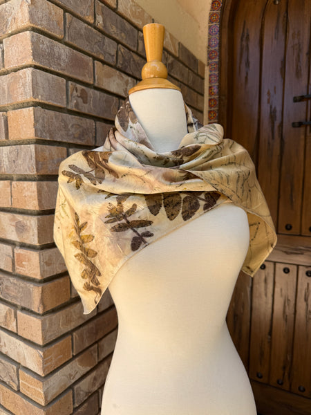 Eco-Dyed Silk Charmeuse Scarf (C-0005) - Cream, brown, gold, pink, green
