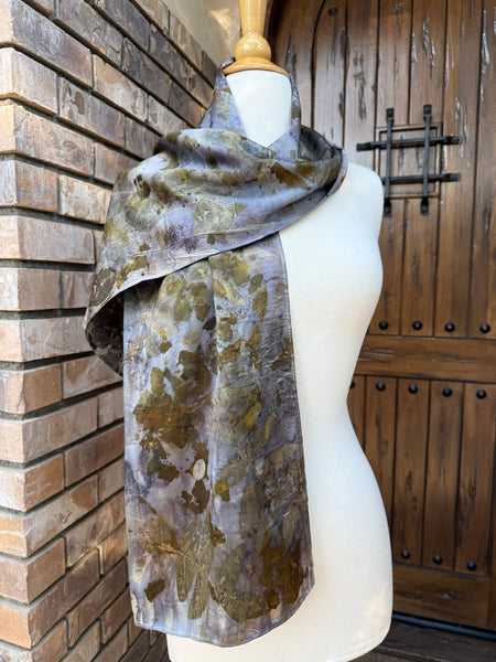 Eco-Dyed Silk Charmeuse Scarf (C-0004) - Purple, brown, gold, orange