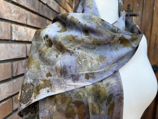 Eco-Dyed Silk Charmeuse Scarf (C-0004) - Purple, brown, gold, orange