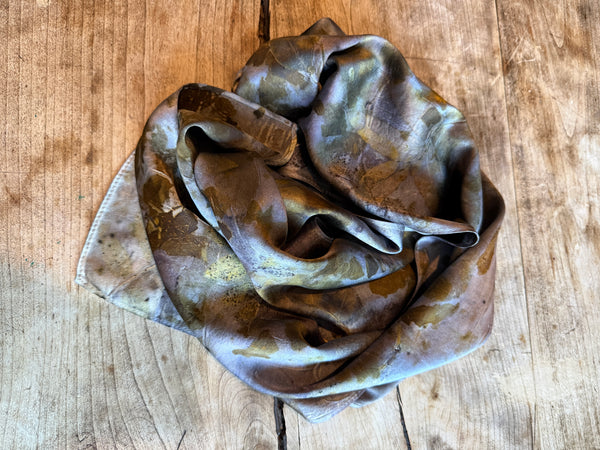 Eco-Dyed Silk Charmeuse Scarf (C-0004) - Purple, brown, gold, orange