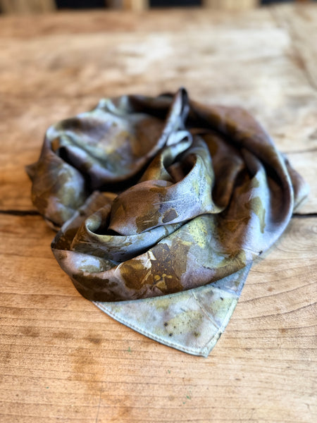 Eco-Dyed Silk Charmeuse Scarf (C-0004) - Purple, brown, gold, orange