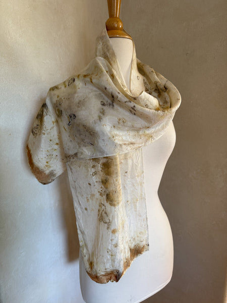 Eco-Dyed Silk Scarf (S-0013) - Tan, Brown, Rust, Cream, Green