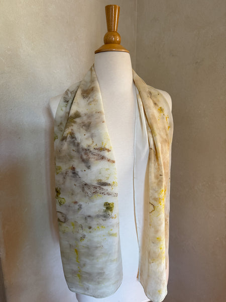 Eco-Dyed Silk Charmeuse Scarf (C-0008) - Cream, Yellow, Brown, Tan