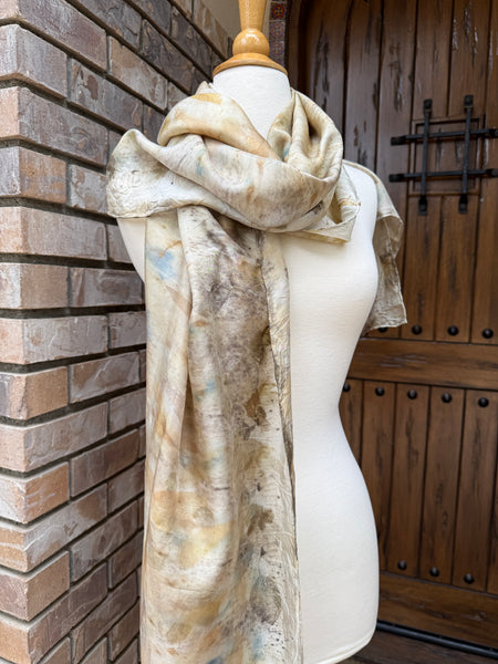 Eco-Dyed Silk Scarf (S-0010) - Cream, blue, yellow, brown, gold, green