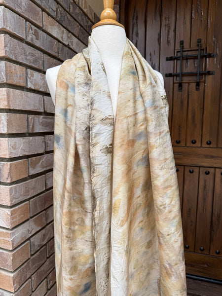 Eco-Dyed Silk Scarf (S-0010) - Cream, blue, yellow, brown, gold, green