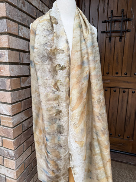 Eco-Dyed Silk Scarf (S-0010) - Cream, blue, yellow, brown, gold, green