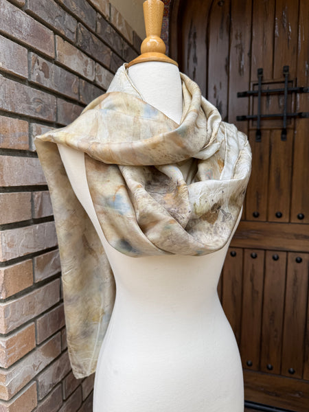 Eco-Dyed Silk Scarf (S-0010) - Cream, blue, yellow, brown, gold, green