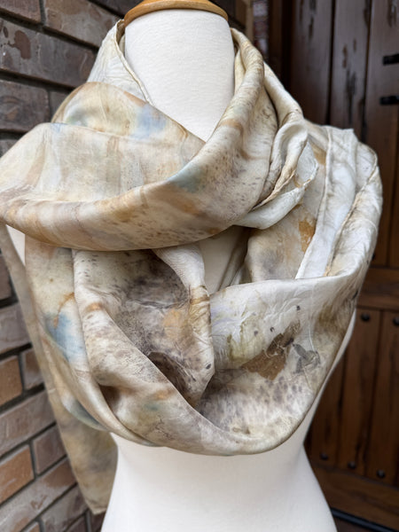Eco-Dyed Silk Scarf (S-0010) - Cream, blue, yellow, brown, gold, green
