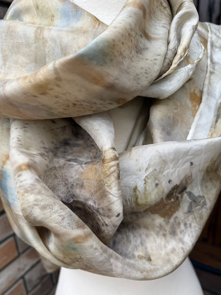 Eco-Dyed Silk Scarf (S-0010) - Cream, blue, yellow, brown, gold, green