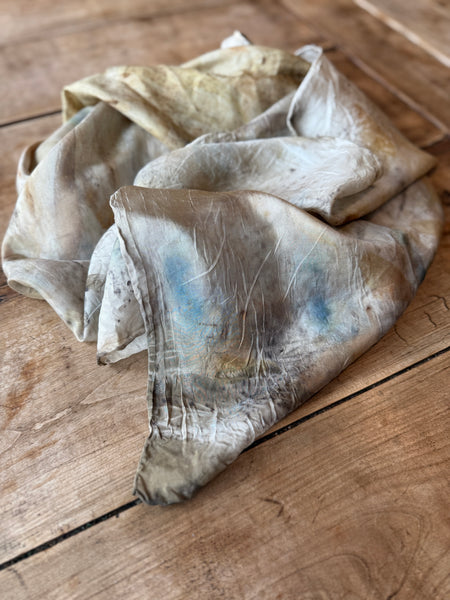 Eco-Dyed Silk Scarf (S-0010) - Cream, blue, yellow, brown, gold, green