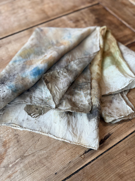 Eco-Dyed Silk Scarf (S-0010) - Cream, blue, yellow, brown, gold, green