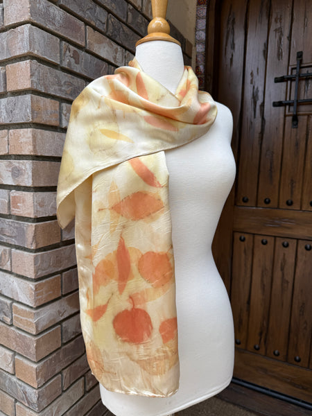 Eco-Dyed Silk Charmeuse Scarf (C-0006) - Cream, yellow, orange, red, brown