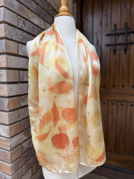 Eco-Dyed Silk Charmeuse Scarf (C-0006) - Cream, yellow, orange, red, brown