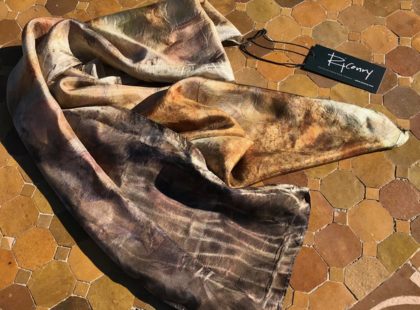Eco-Dyed Silk Scarf (S-0003) - Brown, Red, Rust, Black, Gold, Green