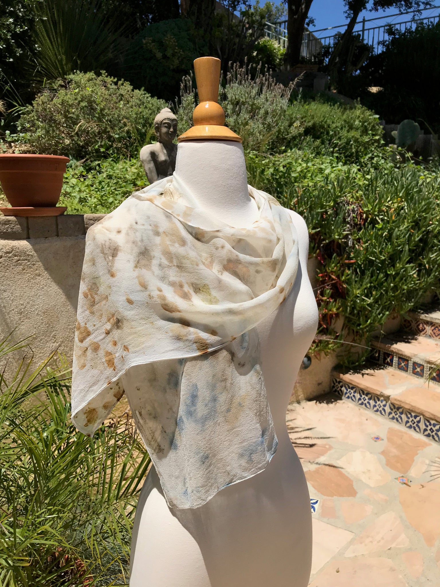 Eco-Dyed Chiffon Scarf (SC-0002) - Blue, Rust, Brown, Gold, Tan