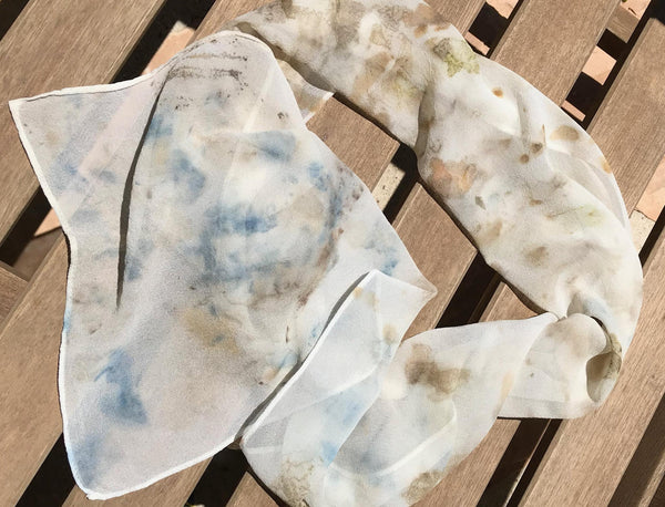 Eco-Dyed Chiffon Scarf (SC-0002) - Blue, Rust, Brown, Gold, Tan