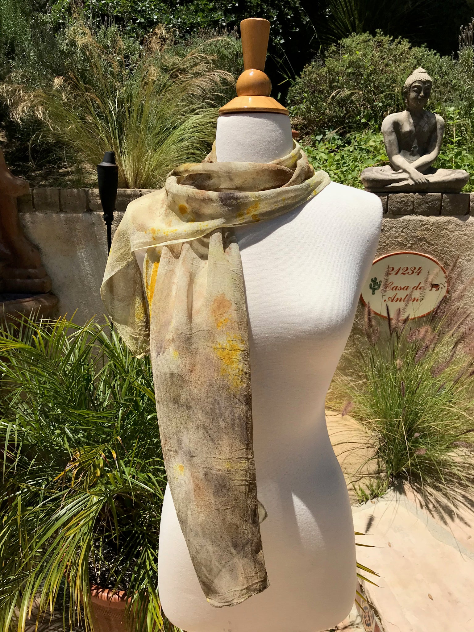 Eco-Dyed Chiffon Scarf (SC-0004) - Brown, Golden Yellow, Orange, Dark Purple