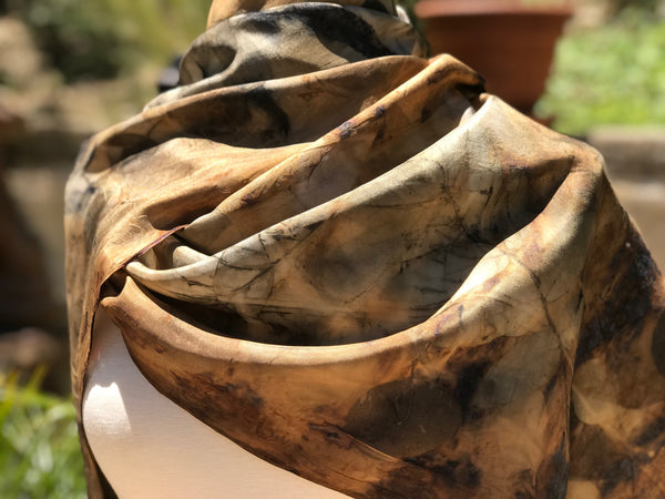 Eco-Dyed Silk Scarf (S-0001) - Brown, Rust, Black, Golds, Grays