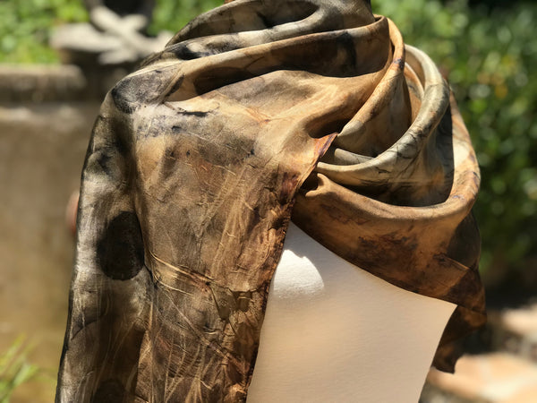 Eco-Dyed Silk Scarf (S-0001) - Brown, Rust, Black, Golds, Grays