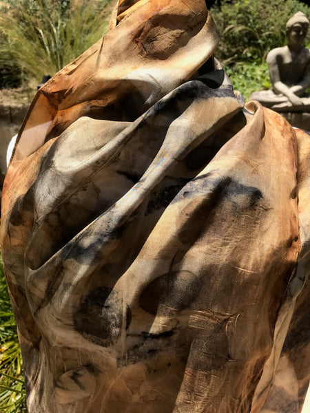 Eco-Dyed Silk Scarf (S-0001) - Brown, Rust, Black, Golds, Grays