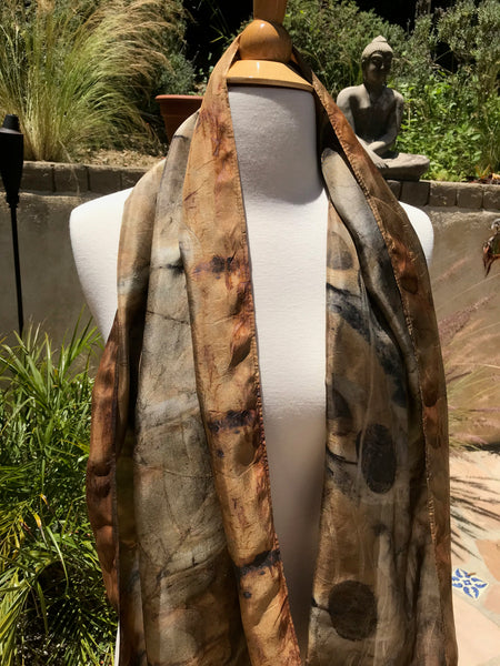 Eco-Dyed Silk Scarf (S-0001) - Brown, Rust, Black, Golds, Grays