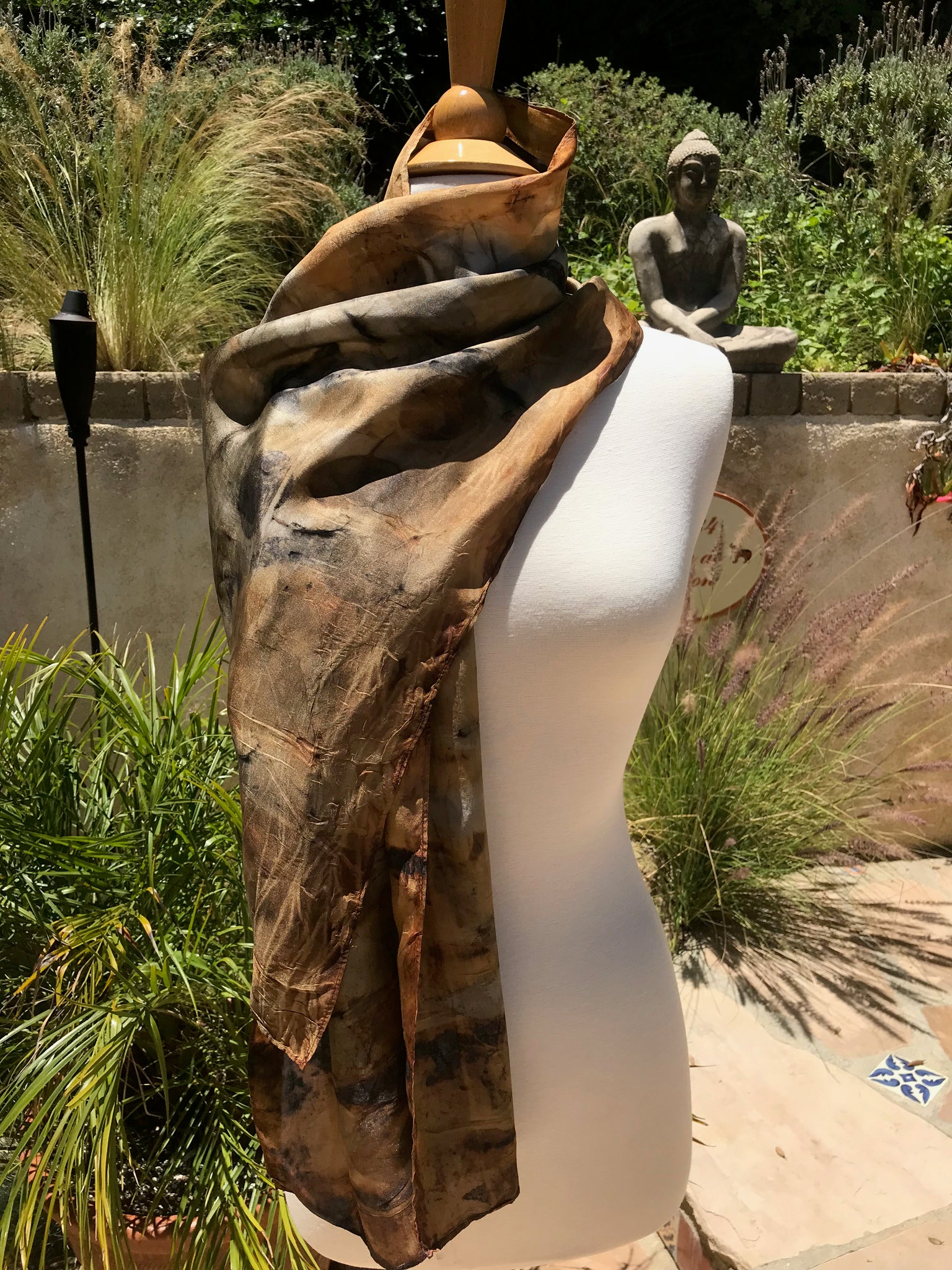 Eco-Dyed Silk Scarf (S-0001) - Brown, Rust, Black, Golds, Grays