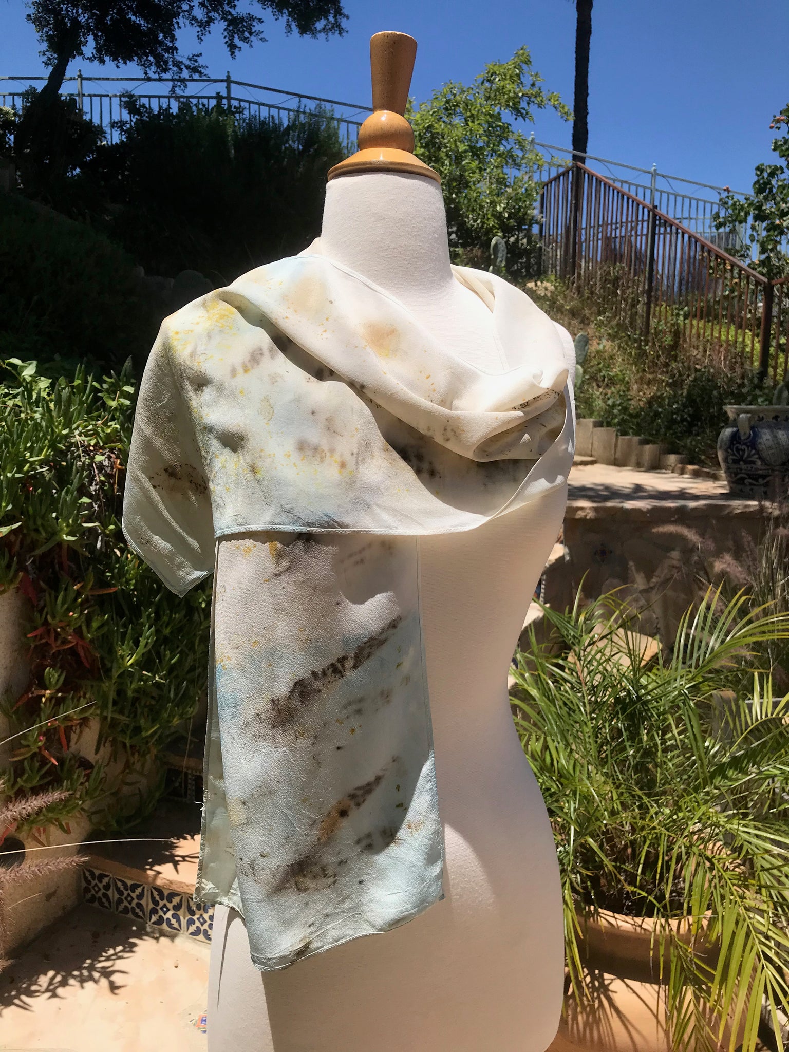 Eco-Dyed Crepe de Chine Scarf (CC-0001) - Dark Brown, Golden Yellow, Rust, Light Blue