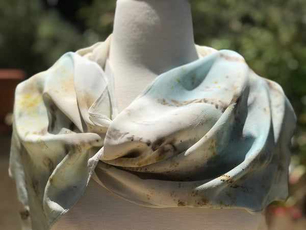 Eco-Dyed Crepe de Chine Scarf (CC-0001) - Dark Brown, Golden Yellow, Rust, Light Blue