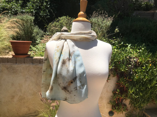 Eco-Dyed Crepe de Chine Scarf (CC-0001) - Dark Brown, Golden Yellow, Rust, Light Blue