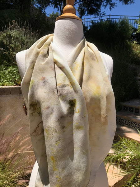 Eco-Dyed Crepe de Chine Scarf (CC-0003) - Dark Gray, Light Brown, Tan, Golden Yellow, Green