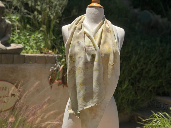Eco-Dyed Crepe de Chine Scarf (CC-0003) - Dark Gray, Light Brown, Tan, Golden Yellow, Green