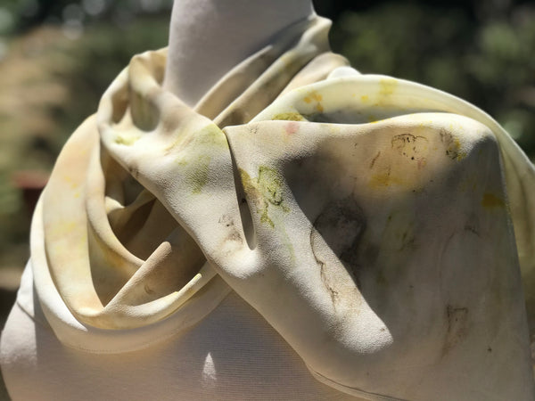 Eco-Dyed Crepe de Chine Scarf (CC-0003) - Dark Gray, Light Brown, Tan, Golden Yellow, Green