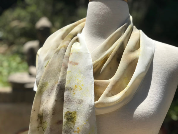 Eco-Dyed Crepe de Chine Scarf (CC-0003) - Dark Gray, Light Brown, Tan, Golden Yellow, Green