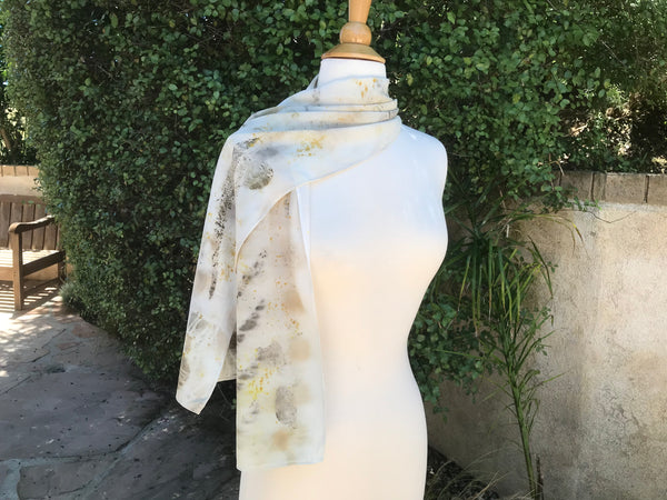 Eco-Dyed Crepe de Chine Scarf (CC-0004) - Dark Gray, Light Brown, Tan, Golden Yellow