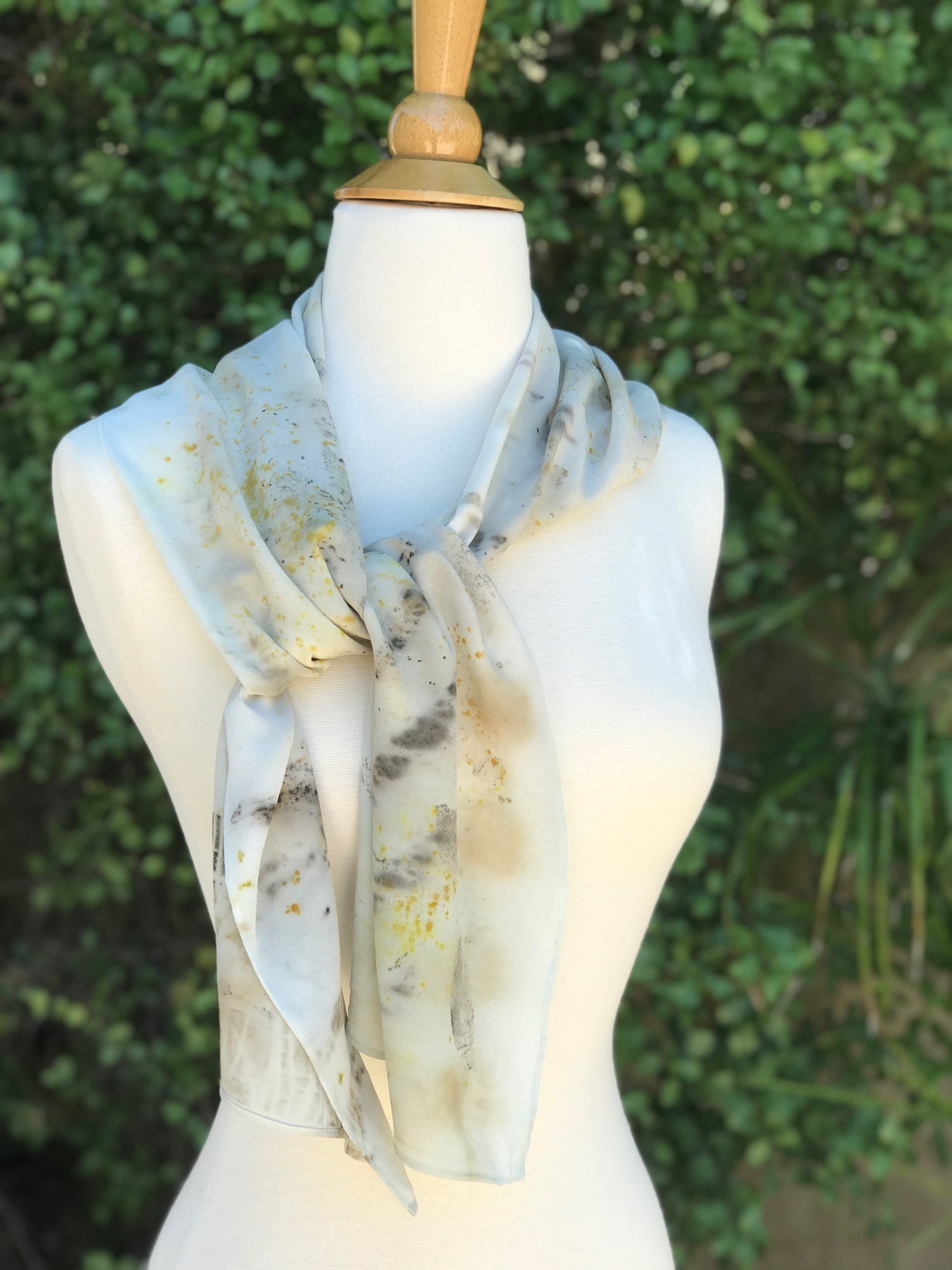 Eco-Dyed Crepe de Chine Scarf (CC-0004) - Dark Gray, Light Brown, Tan, Golden Yellow