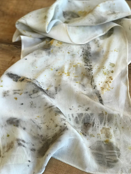 Eco-Dyed Crepe de Chine Scarf (CC-0004) - Dark Gray, Light Brown, Tan, Golden Yellow