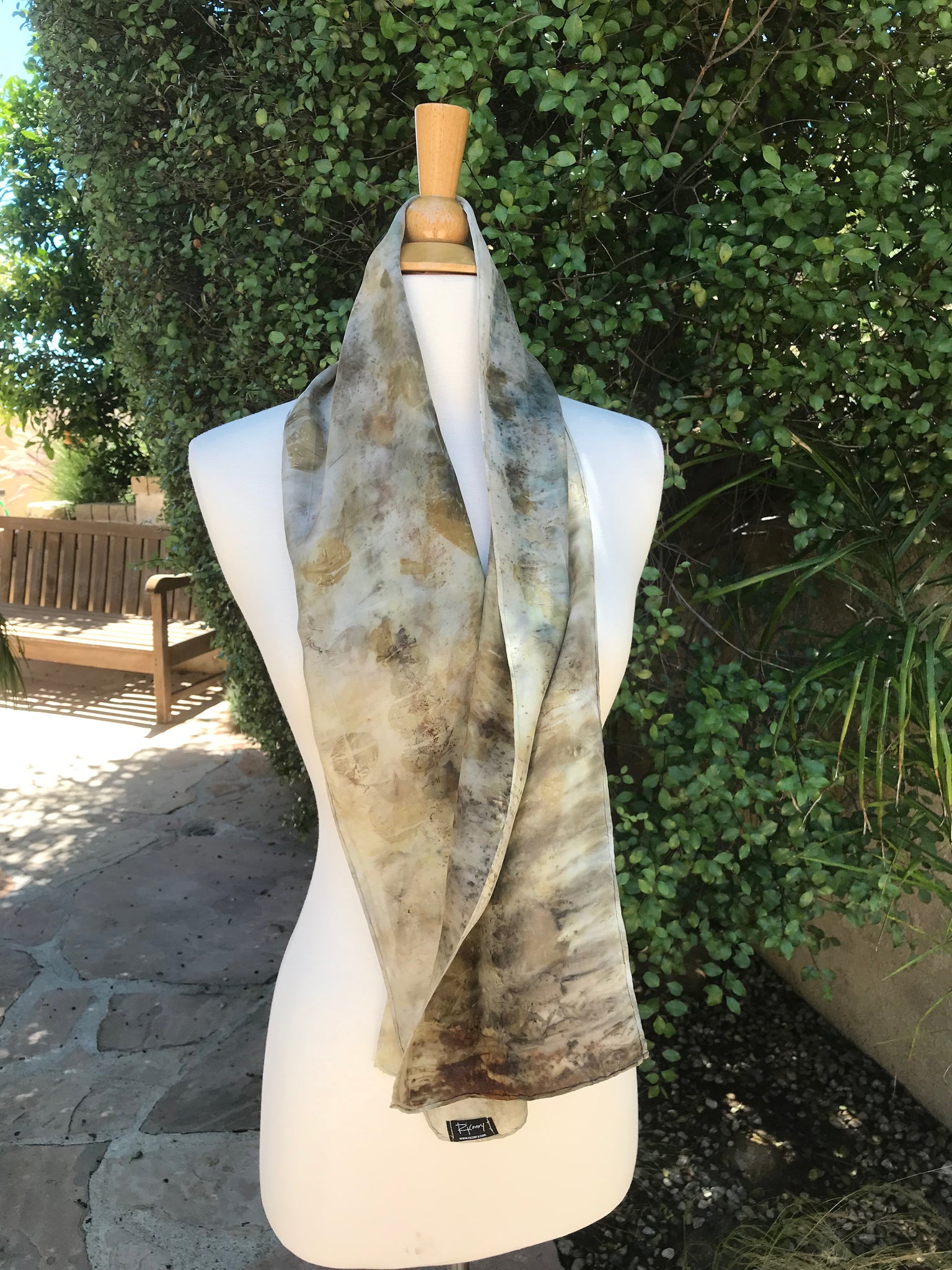 Eco-Dyed Silk Scarf (S-0005) - Brown, Blue, Rust, Black, Tan