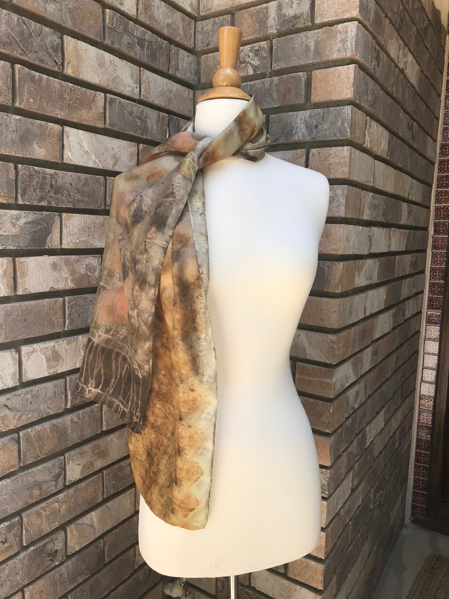 Eco-Dyed Silk Scarf (S-0003) - Brown, Red, Rust, Black, Gold, Green