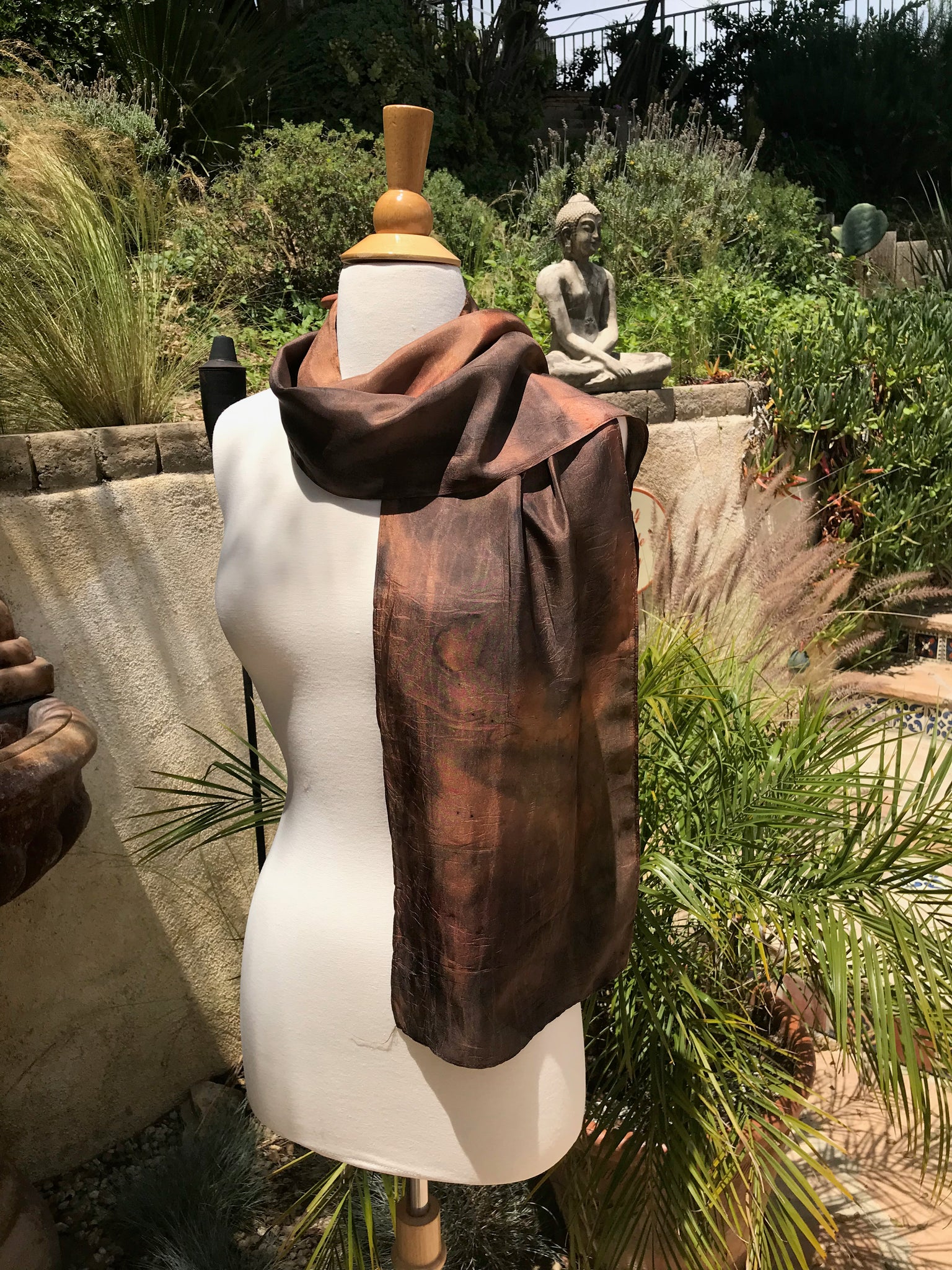 Eco-Dyed Silk Scarf (S-0007) - Brown, Rust, Black