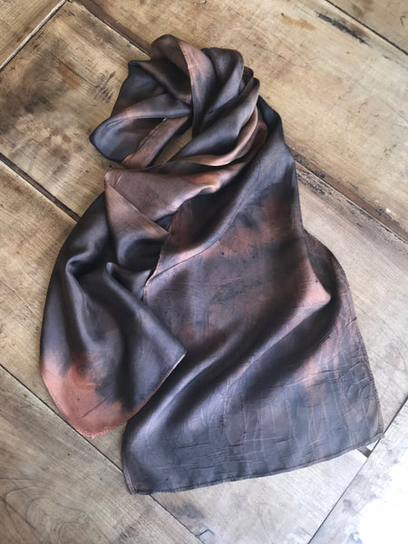 Eco-Dyed Silk Scarf (S-0007) - Brown, Rust, Black